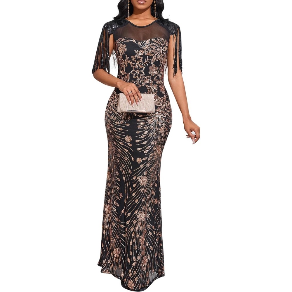 Tassels and Sequins! Black and Gold Evening Gown